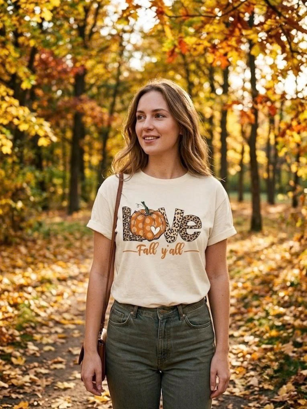 Love Fall Y'all Leopard Pumpkin Graphic Tee Cream Autumn T-Shirt
